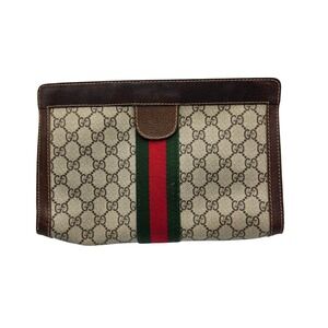 Vintage Gucci Clutch Bag GG Monogram Web Stripe‎ Brown Leather Trim